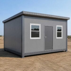 20×15 ft prefabricated building with steel grey panels, metal frame, finished roof, windows, and entrance door on level ground