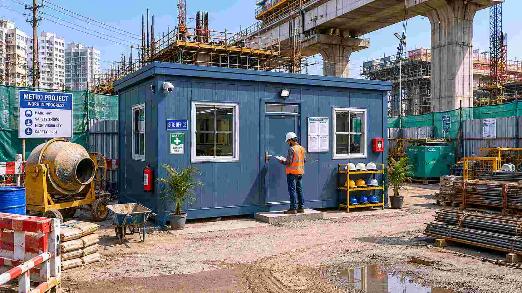 Prefab building on metro construction site, Steel Blue finish, on level platform, site supervisor at entrance, surrounding infrastructure visible