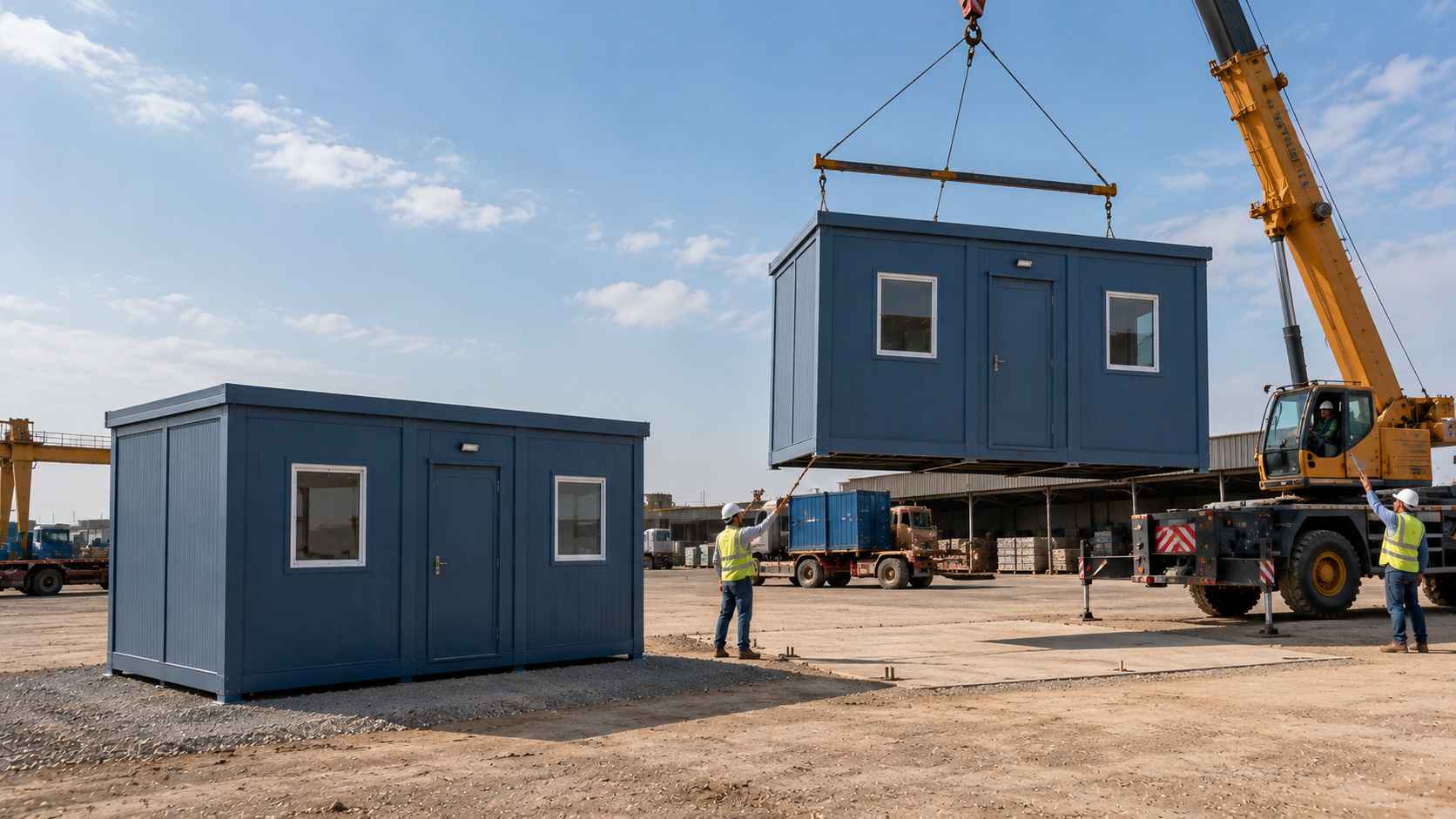 Relocatable prefab building shown anchored on level base and lifted by crane, demonstrating unbolt-lift-reinstall capability