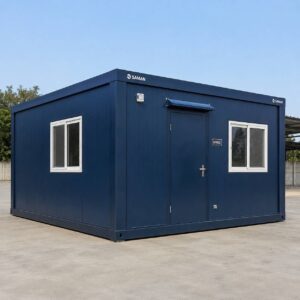 Navy blue 20×20 ft SAMAN prefab office cabin on a level concrete pad, front three-quarter view.