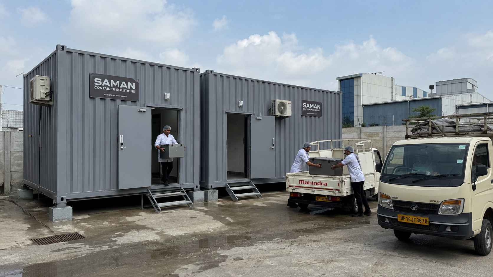 SAMAN restaurant food containers running as a central kitchen at Greater Noida with delivery vehicles loading hot food cases for multi-outlet supply