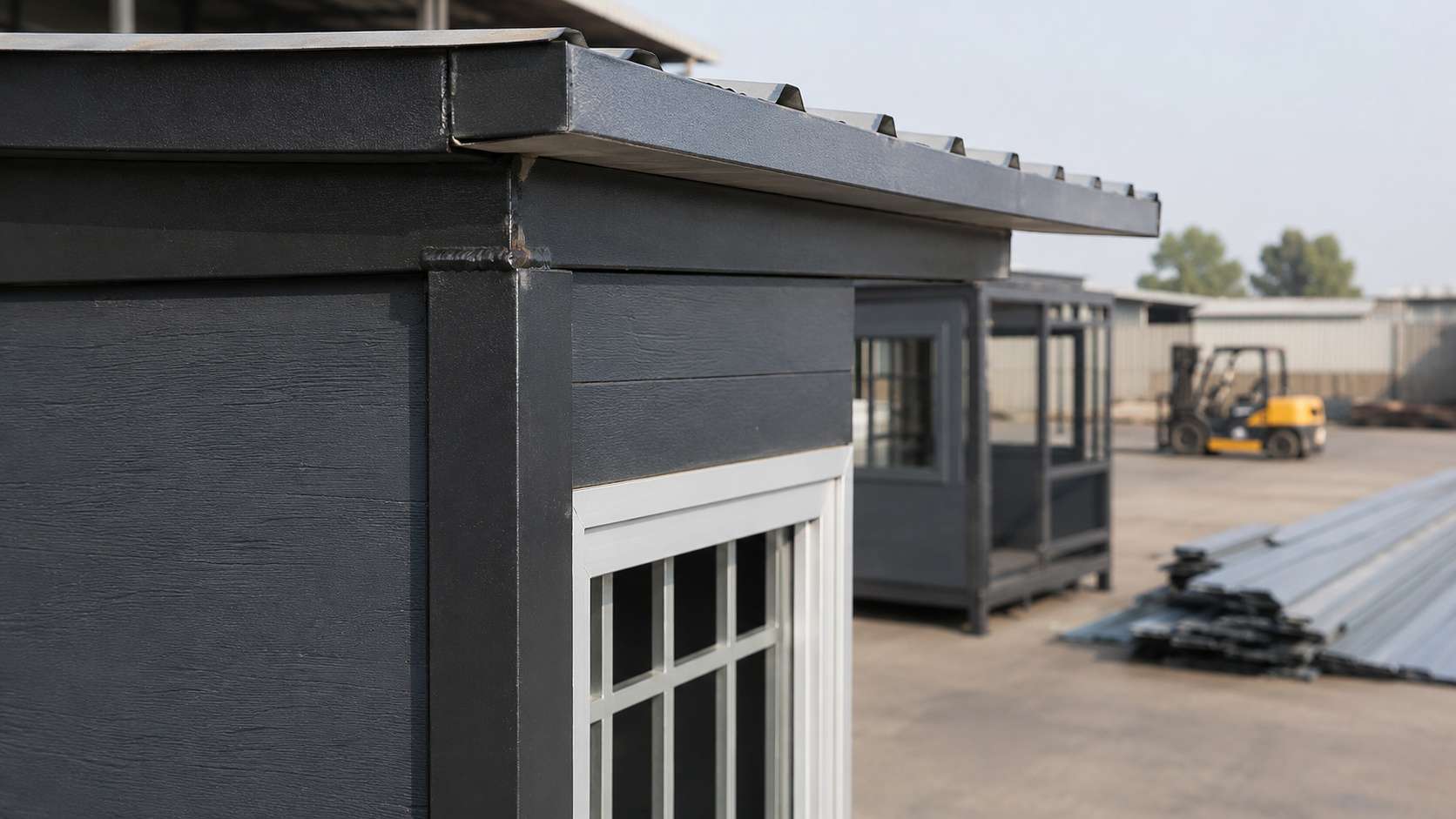 Construction detail of the SAMAN MS guard cabin — steel frame meeting wood panel under a corrugated GI roof