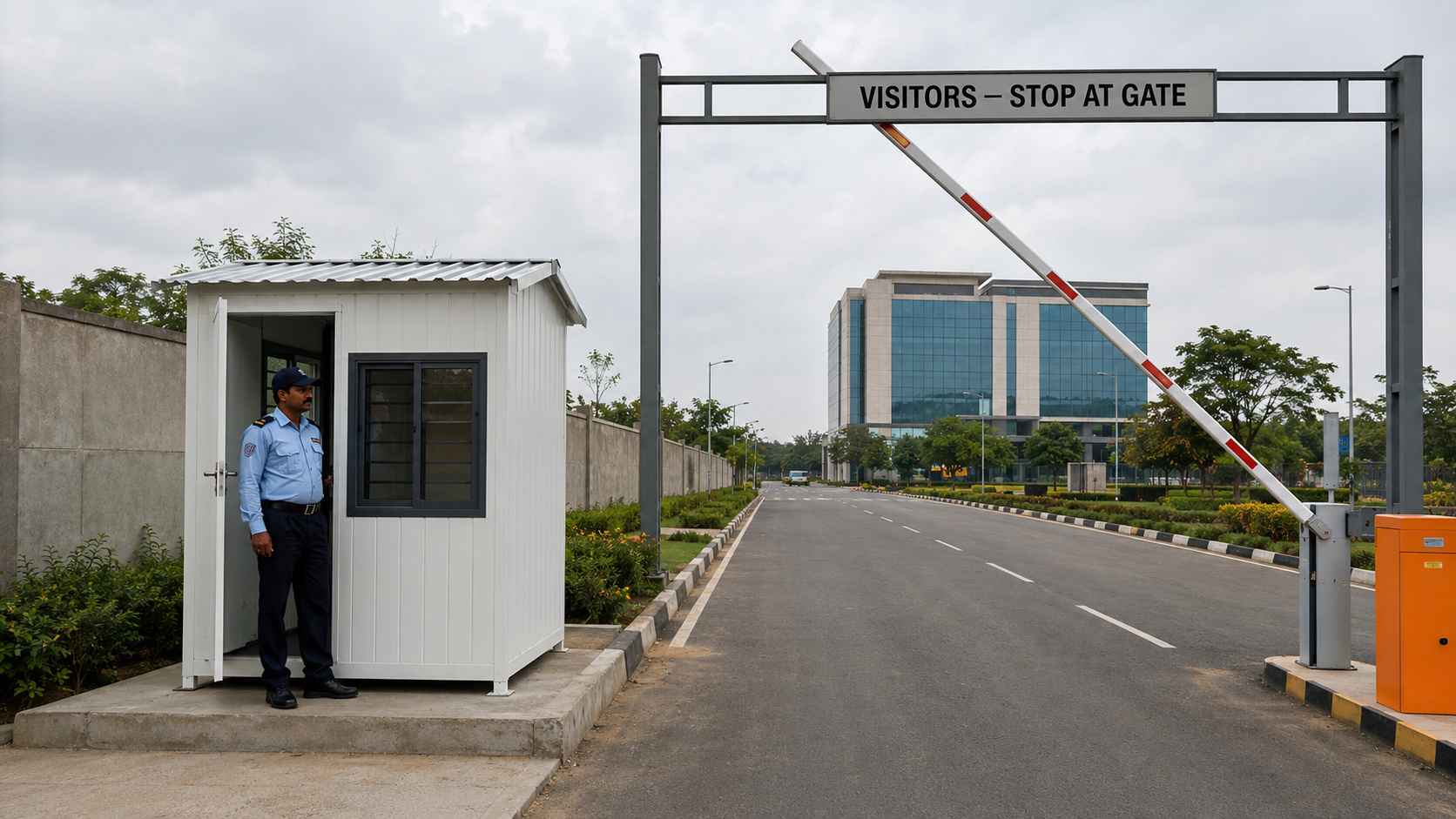White SAMAN security guard cabin installed at a corporate office park entrance with automatic gate
