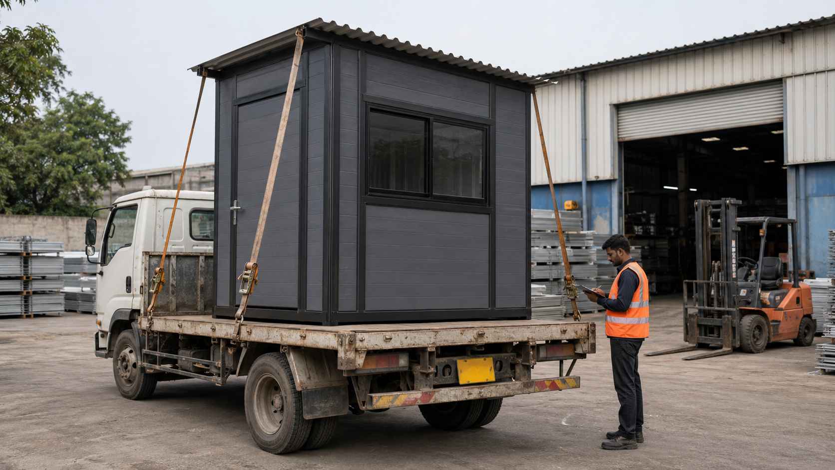 SAMAN guard cabin loaded on a flatbed truck for 3-day dispatch from the Bangalore manufacturing yard