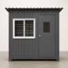 Front view of the SAMAN security guard cabin showing steel door and barred observation window