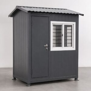 SAMAN security guard cabin in dark grey factory finish — 6×6×9 ft steel and wood standard model