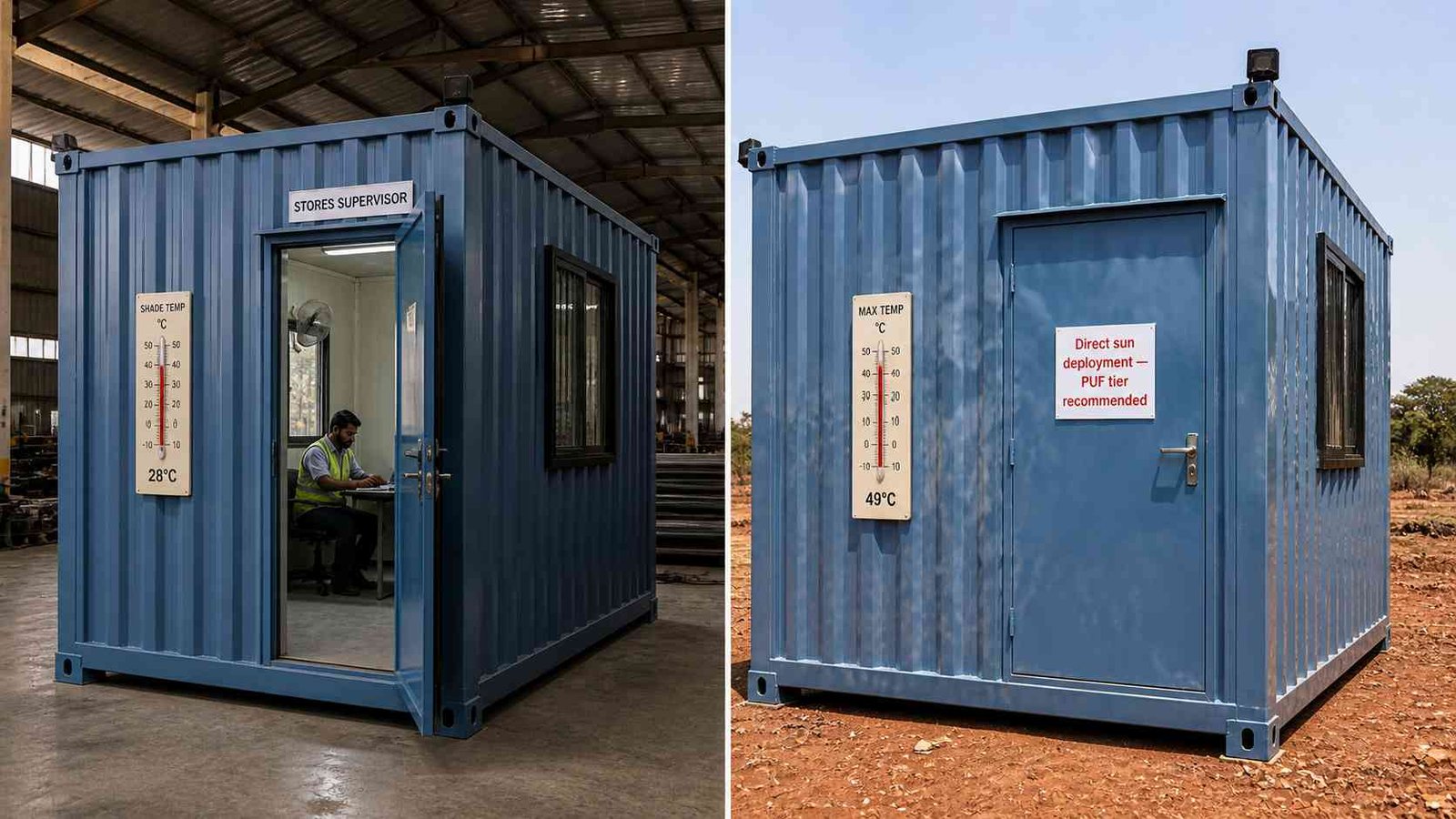 low cost porta cabin deployment adequacy covered factory vs direct sun India entry level spec SAMAN