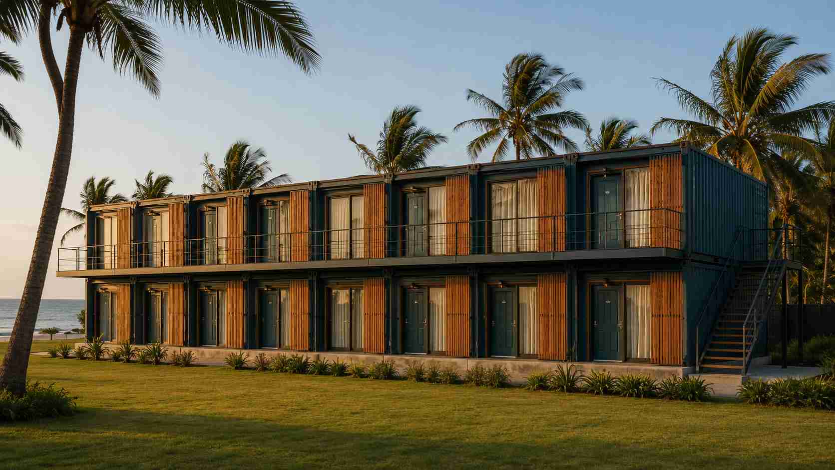 Two-storey stacked shipping container hotel at a Goa coastal resort — double-stack ISO containers with external staircase