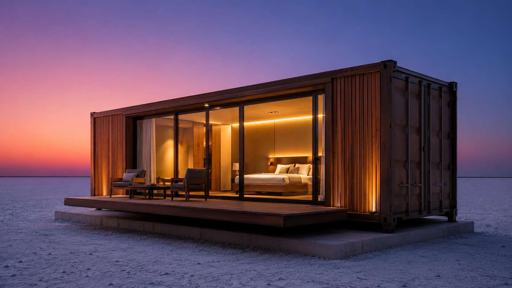Glamping-tier shipping container hotel suite at dusk in Rann of Kutch — bronze corten, wood cladding, balcony, full glazing