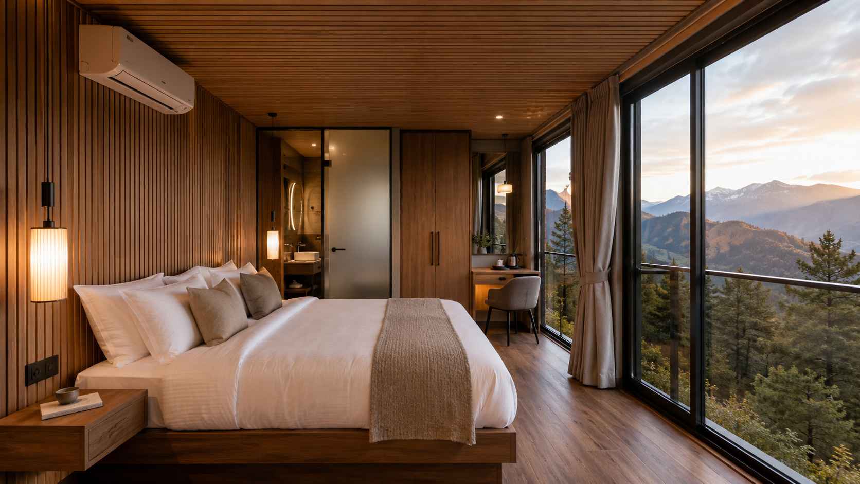 Premium shipping container hotel room interior — queen bed, wood cladding, en-suite, hill-station view through full glazing