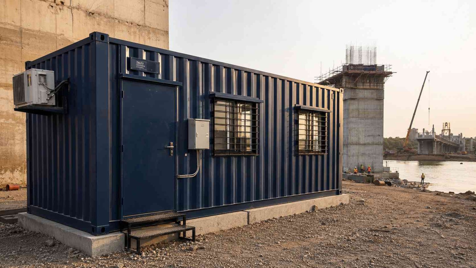 Navy blue shipping container office at an Indian bridge construction site with visible ISO corner castings.