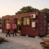 Indian engineers in PPE walking toward a burgundy red 40-ft shipping container office at a project site.