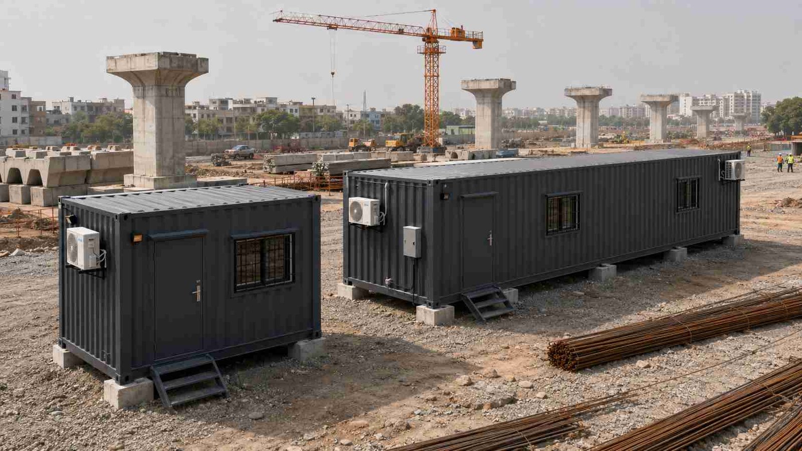 Slate charcoal 20-ft and 40-ft shipping container offices at an Indian metro rail construction site.