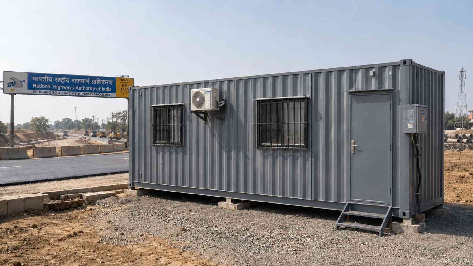 Steel grey shipping container office at an NHAI national highway construction site in India.