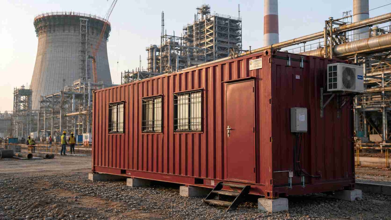 Burgundy red shipping container office at an Indian thermal power plant construction site showing standard exterior fittings.