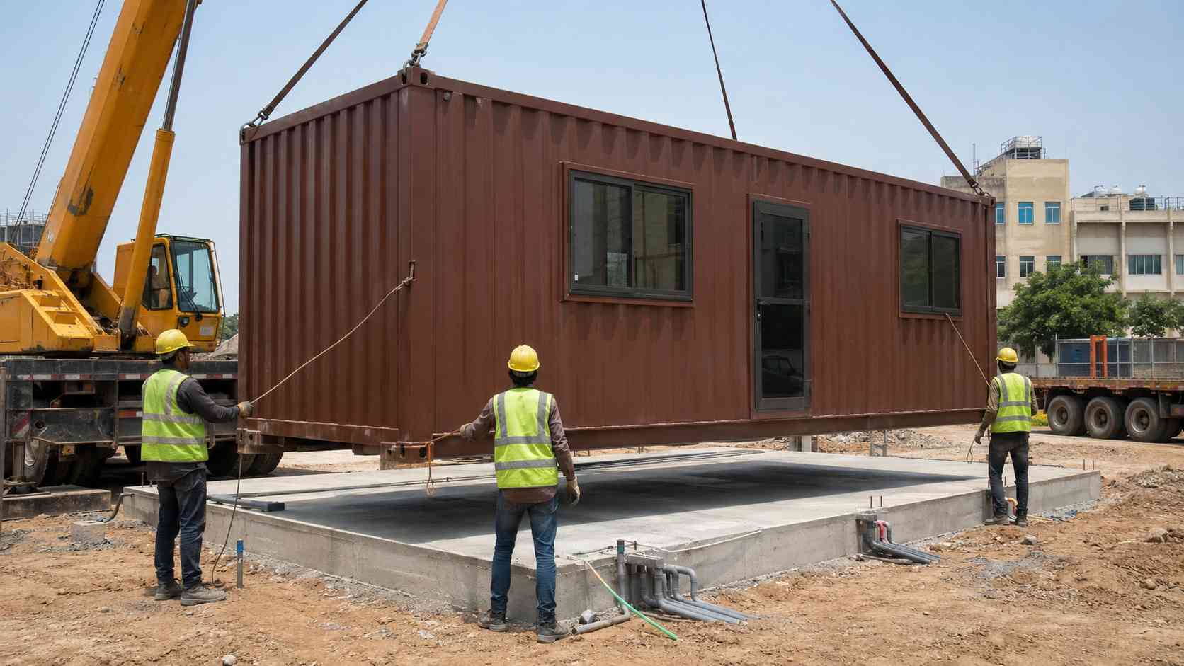 A yellow mobile crane lowering a 40-ft shipping container restaurant onto a prepared RCC pad at an Indian commercial site — install day with site crew guiding it down.