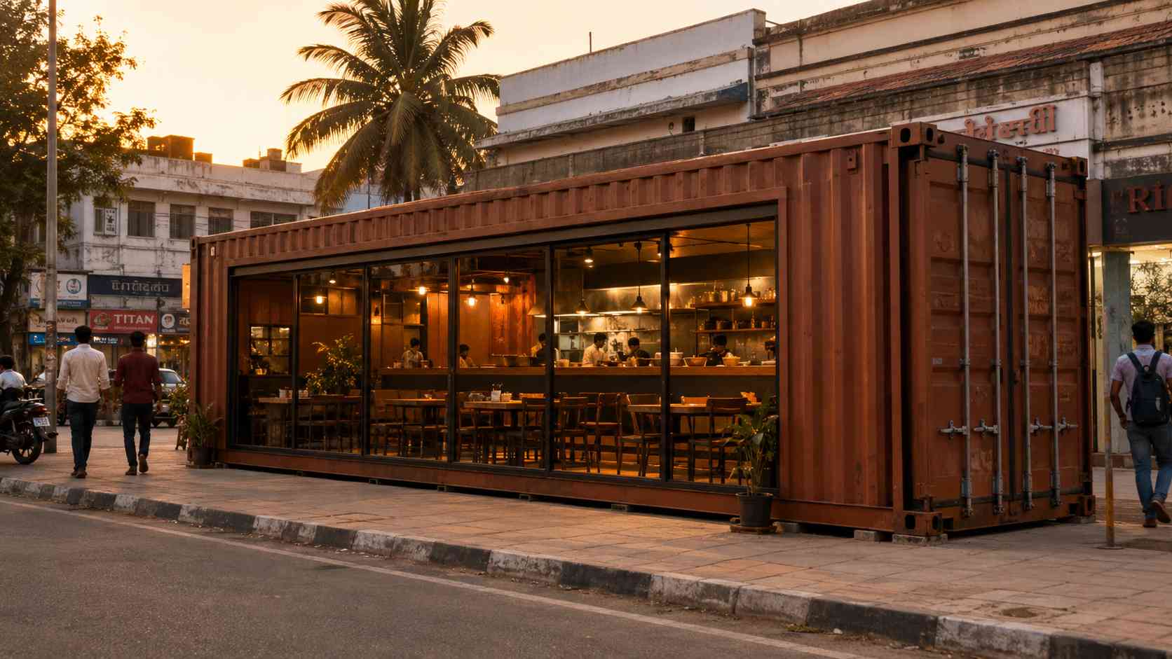 A 40-ft ISO shipping container restaurant on an Indian commercial street at golden hour — corrugated steel exterior, full-glass dining front, warm interior glow.