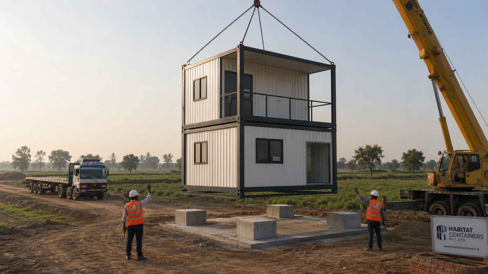 shipping container tiny house being crane-placed on concrete plinth at rural India plot with workers in safety vests