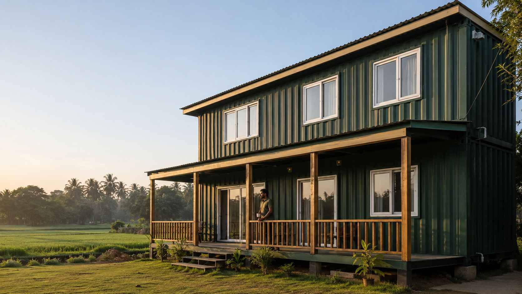 shipping container tiny house on Indian farmland plot with forest green exterior at early morning golden light