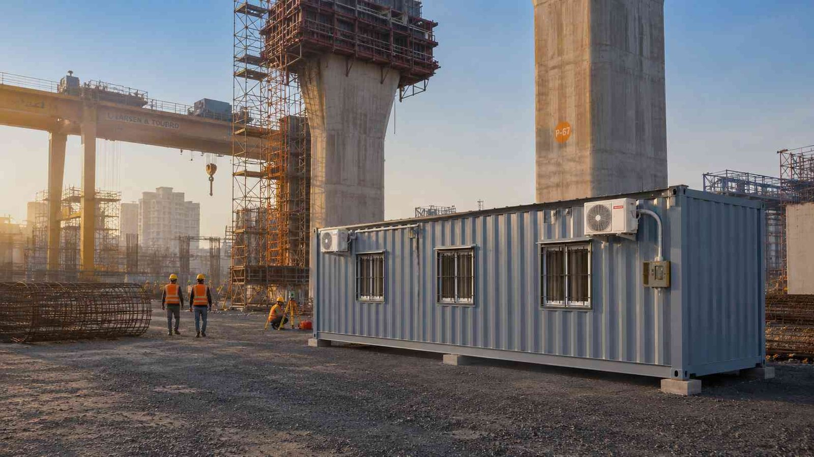 Site office container at an elevated metro rail construction project with viaduct structure in background