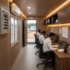 Luxury portable site office interior with modular workstation setup for construction project management