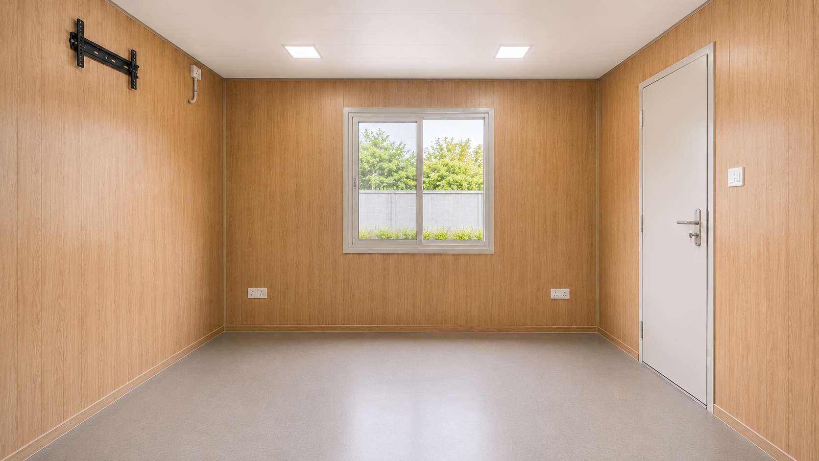 Empty interior of the SAMAN small office cabin showing the full 92 sqft useful floor area before furniture