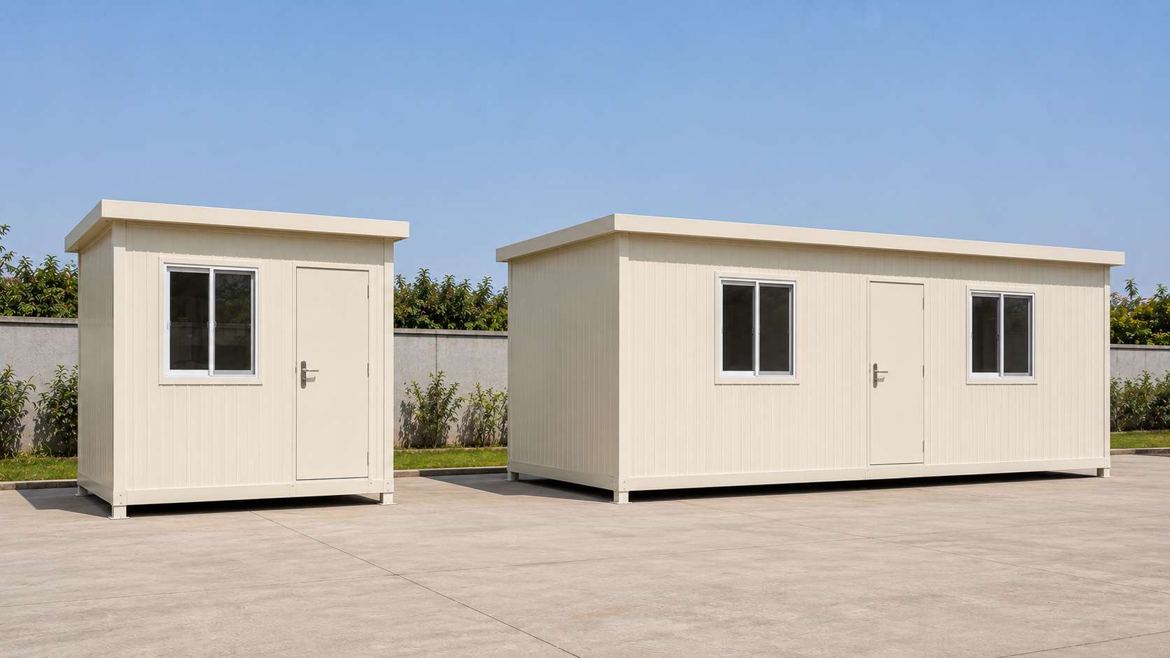 SAMAN small office cabin (10×10 ft) next to the standard 12×16 ft portable office cabin for size comparison