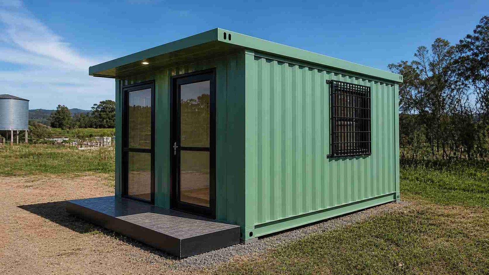 Small 8x10 portable cabin used as compact workspace with glass door and insulated walls