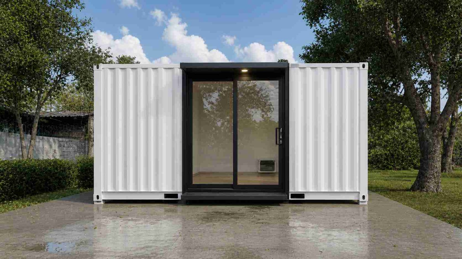 Insulated portable cabin with sliding glass door showing standard build and interior comfort