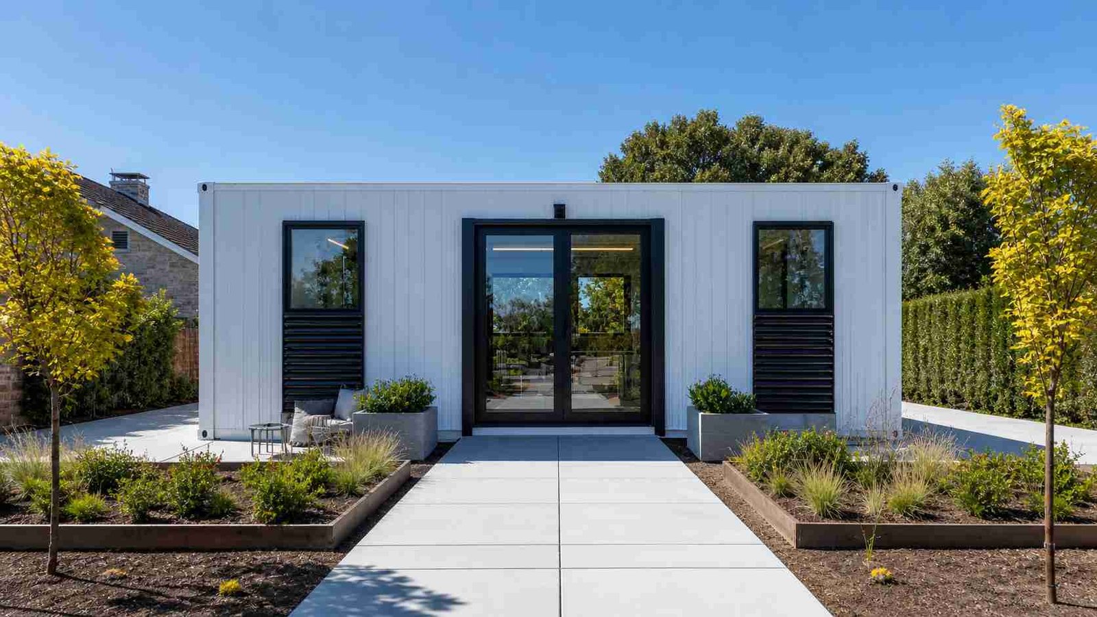 Modern portable cabin setup with landscaped surroundings showing premium design options