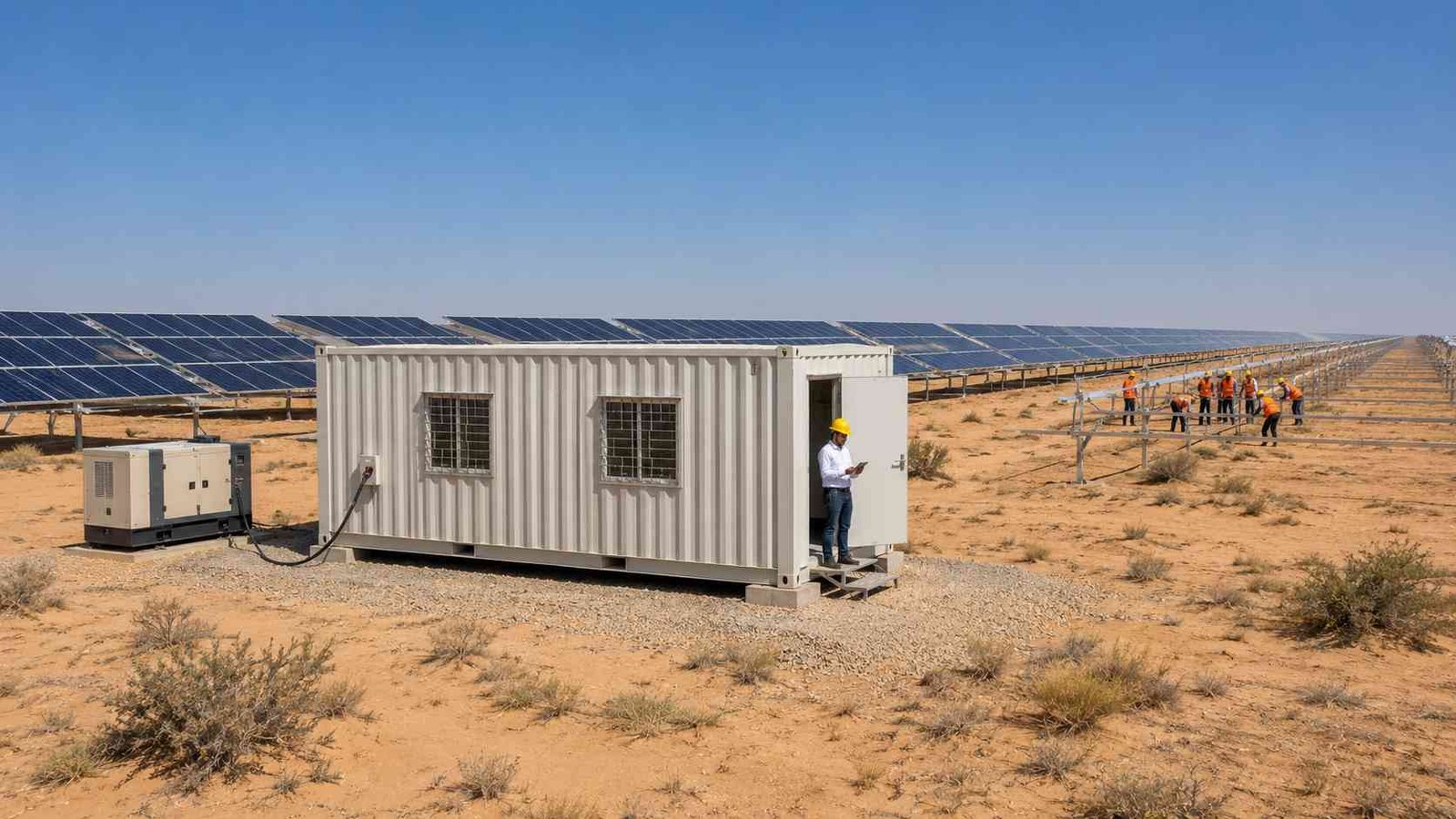 Construction site office container at Rajasthan solar farm running on diesel generator, cable connected to wall socket, engineer at door
