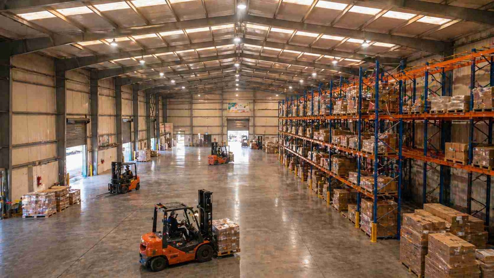 PEB construction warehouse interior clear span India logistics racking