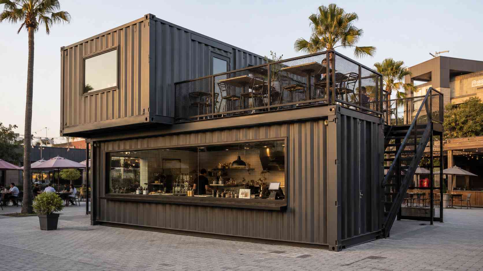 A stacked two-unit shipping container restaurant — lower kitchen container and upper container offset to create a rooftop seating deck.