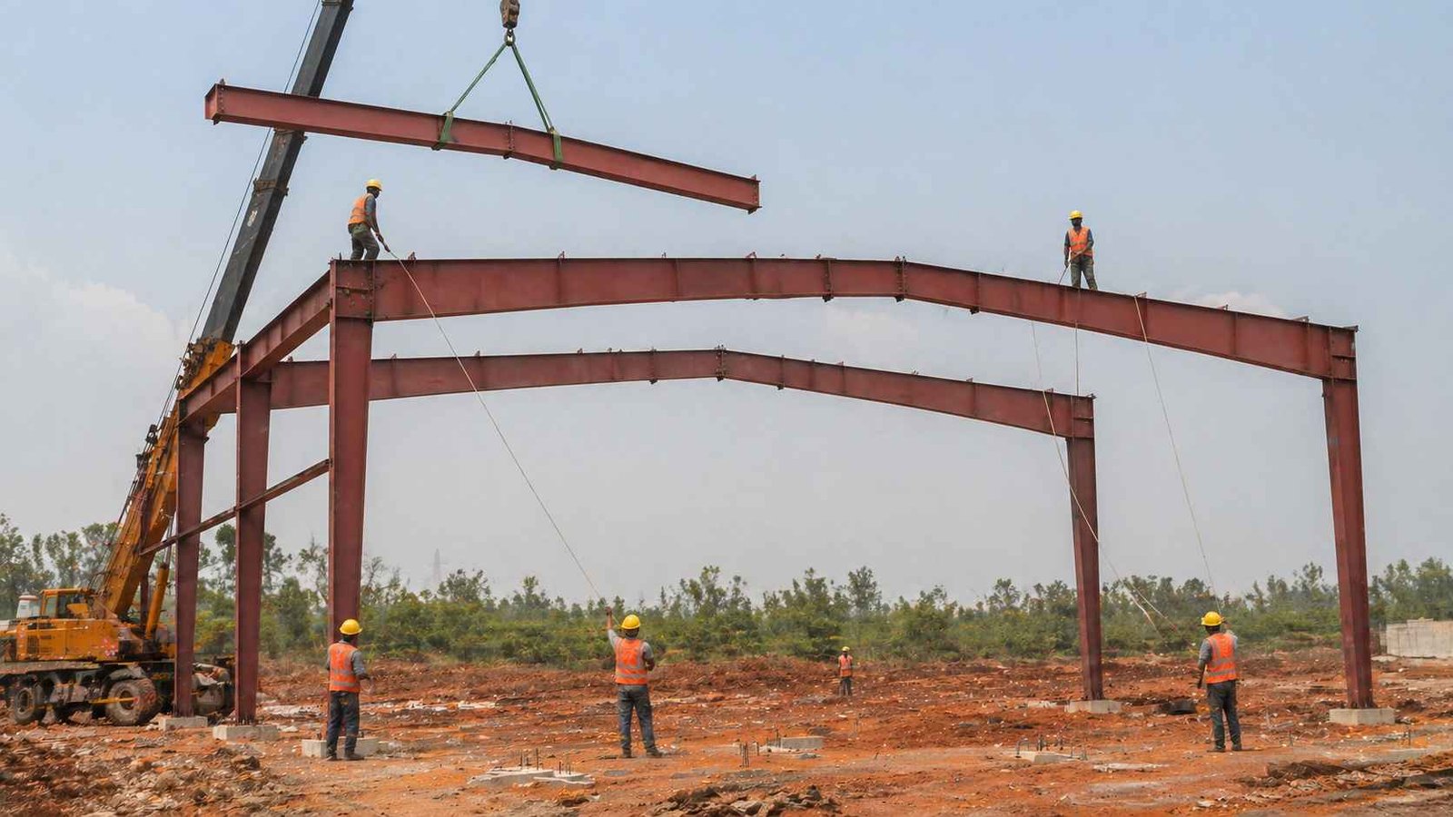 PEB construction steel frame erection India crew portal frames site