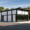Steel prefab commercial building with a black frame and full-height glass front on a paved forecourt.