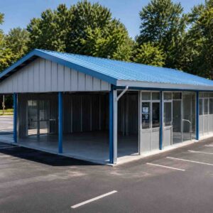 Charcoal multi-room steel prefab building with windows and entry door on a levelled compound.