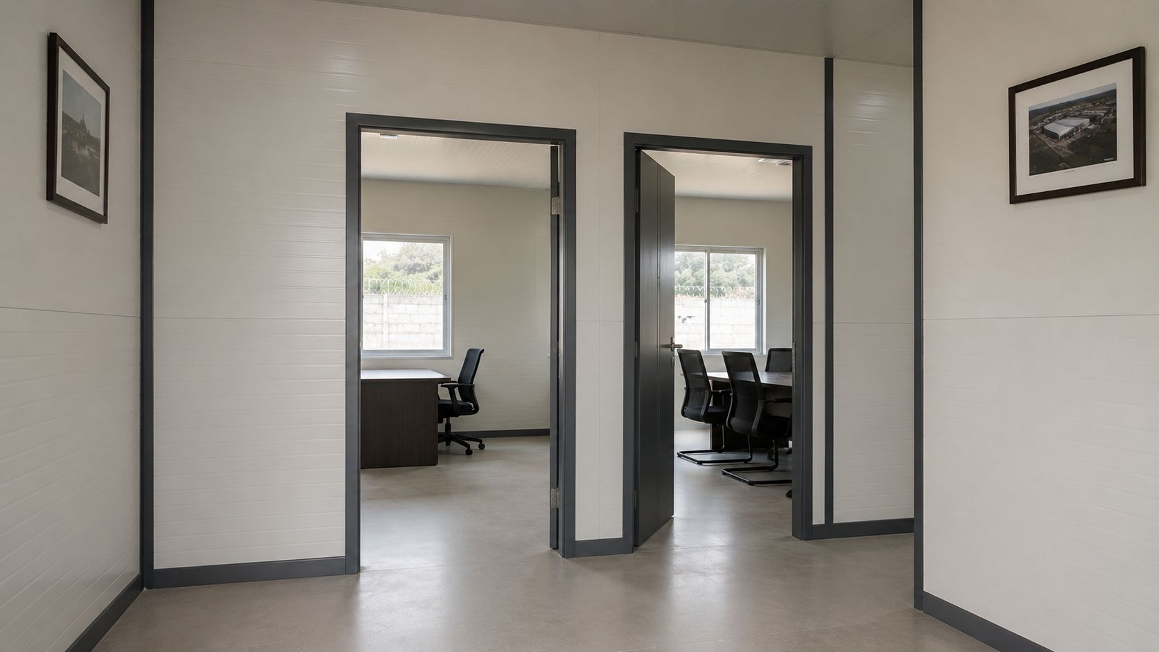 Pure white partitioned interior of a steel prefab building with a corridor and two finished rooms.