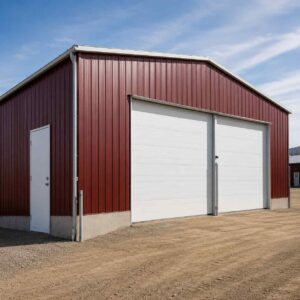 Burgundy-red 40×20 ft steel shed with white roller and personnel doors on a cleared site