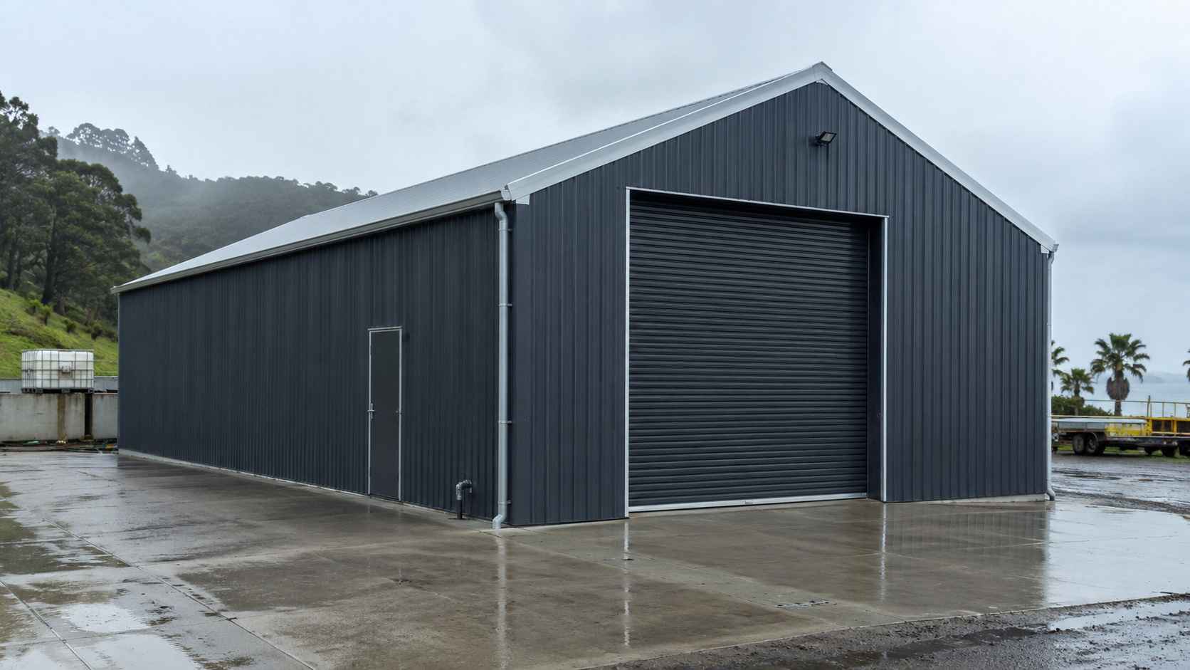 A charcoal steel shed with a galvanised roof on a humid coastal industrial site
