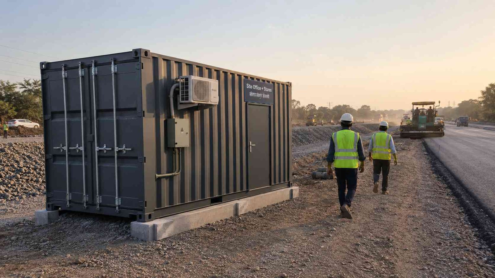Slate Charcoal SAMAN storage container office deployed at an NHAI highway construction site in central India with two workers in PPE walking past in golden hour light