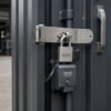Macro close-up of the dual-lock hasp-and-staple fitting on the storage side of a SAMAN Slate Charcoal storage container office showing primary padlock and tamper-evident shrouded lockbox