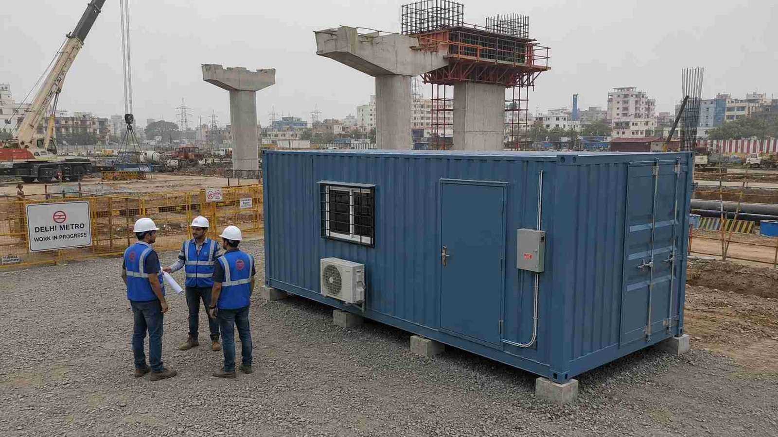 Steel Blue SAMAN storage container office at a metro rail construction site with three Indian engineers reviewing drawings near the unit under overcast natural light