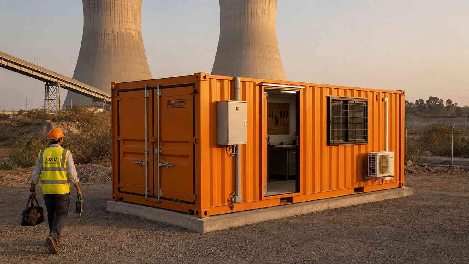 Safety Orange SAMAN storage container office at an Indian thermal power plant maintenance perimeter with cooling towers in the background and an O&M technician walking toward the unit with tools