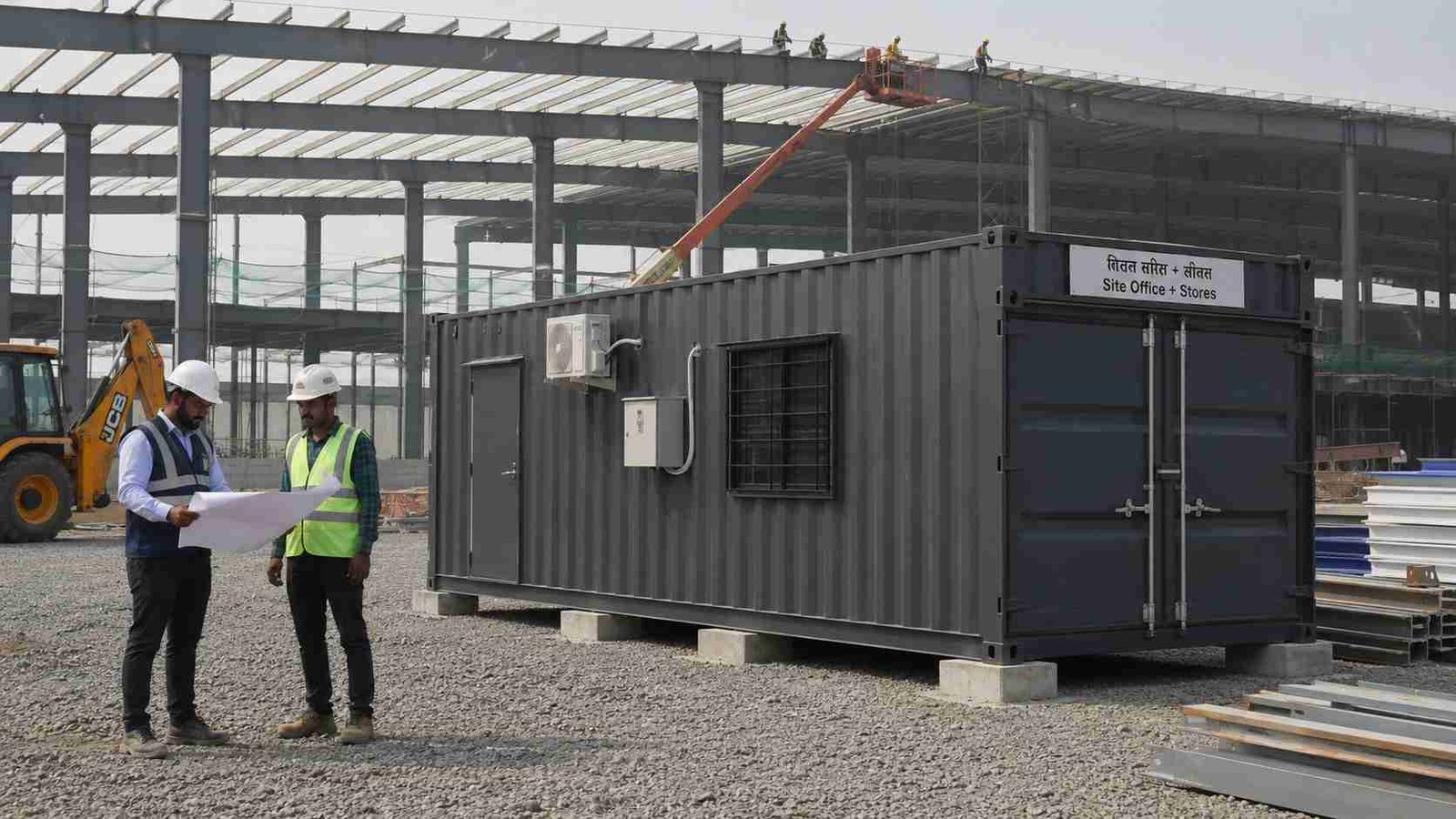 Slate Charcoal SAMAN storage container office at an industrial warehouse construction site with a project manager and engineer reviewing drawings near the unit and a steel-frame shed under erection in the background