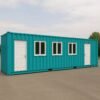 Teal porta cabin with two doors and three windows, suitable for portable offices and site accommodation.