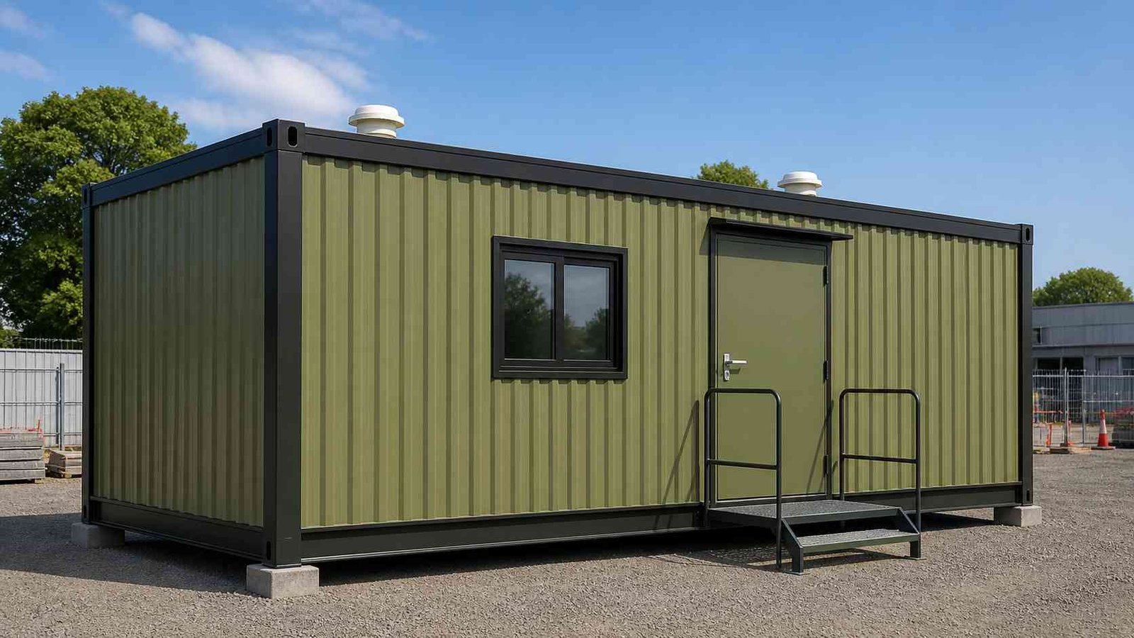 Container portable cabin on active construction site with entry steps and roof vents — long-duration industrial deployment