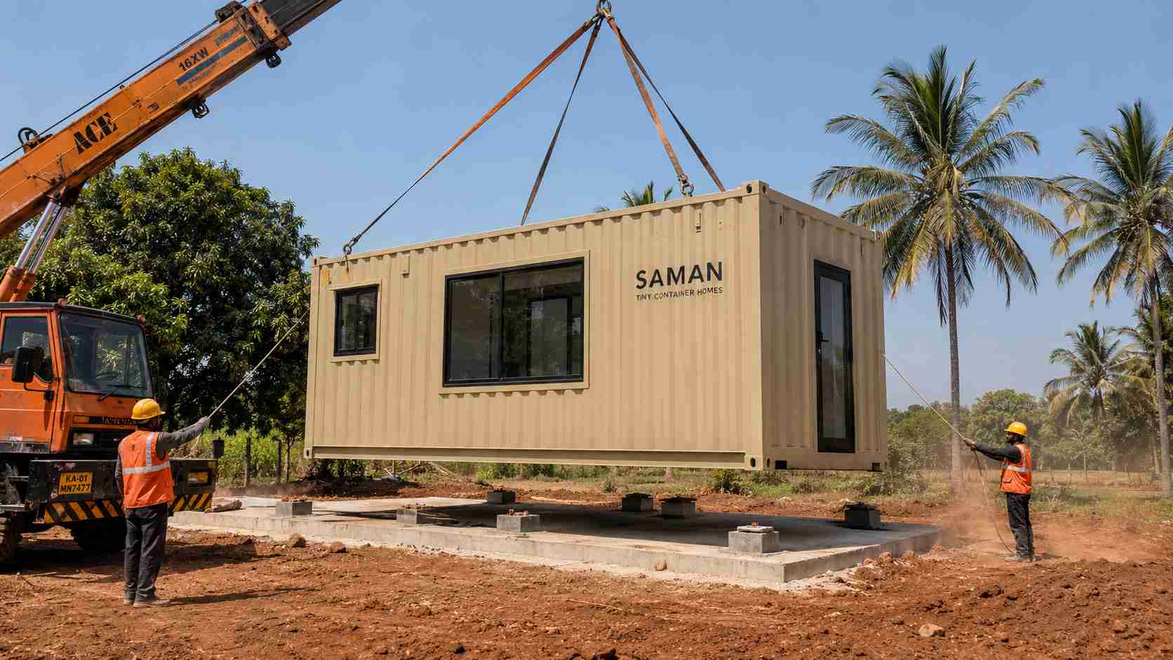 SAMAN tiny container home being crane-placed onto a prepared plinth on a rural Indian farmland plot