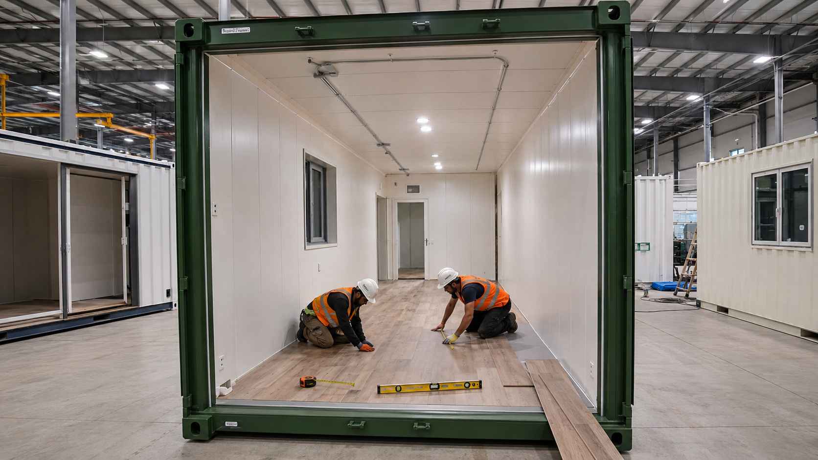 Factory interior showing SAMAN tiny container home mid-fit-out with PUF insulation panels and workers installing flooring