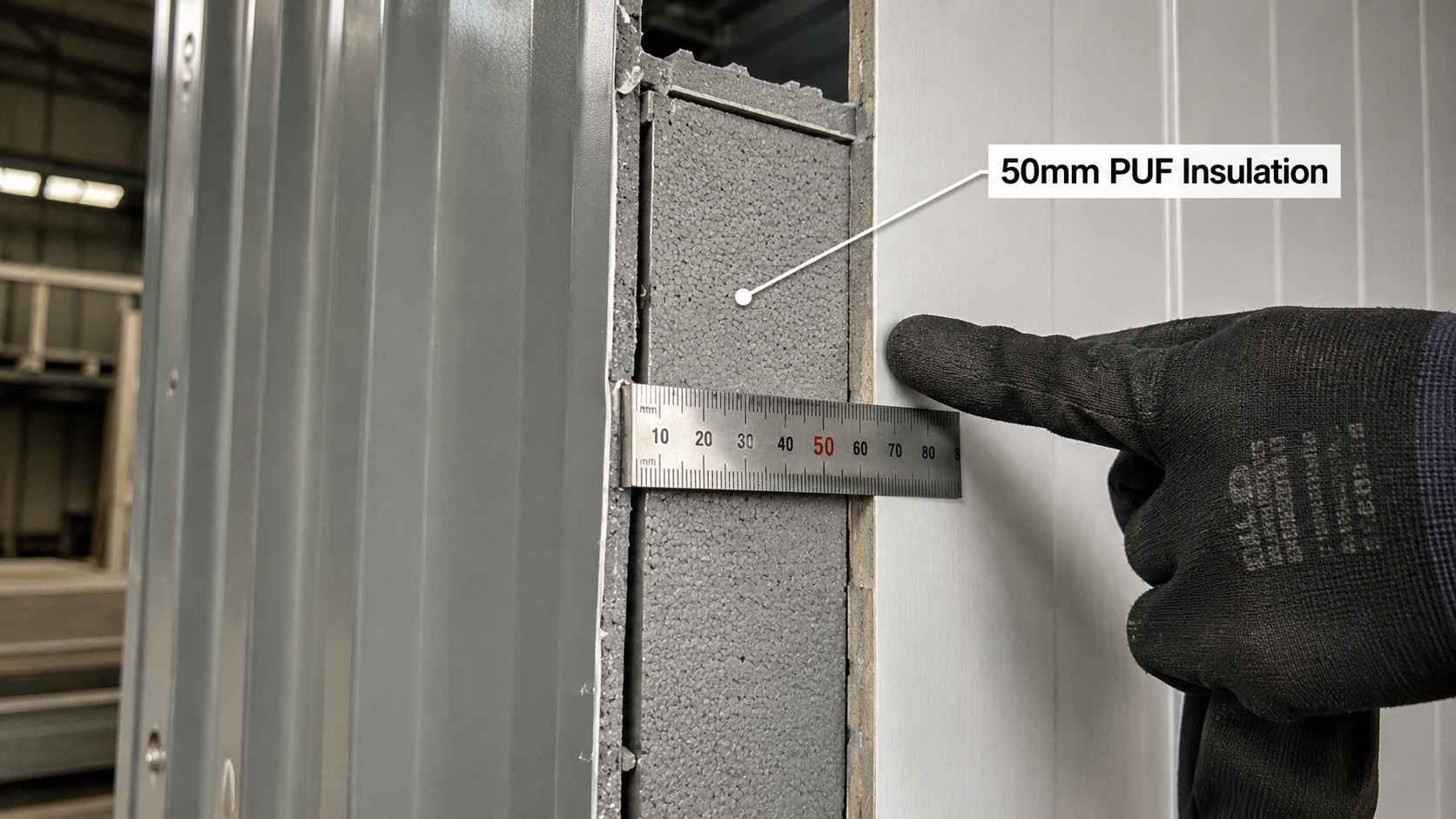 Cross-section of a SAMAN tiny container home wall showing 50mm PUF insulation layer between outer steel shell and inner panel