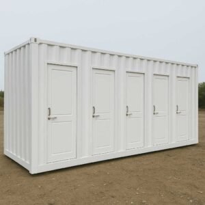 White toilet porta cabins with multiple compartments for site use